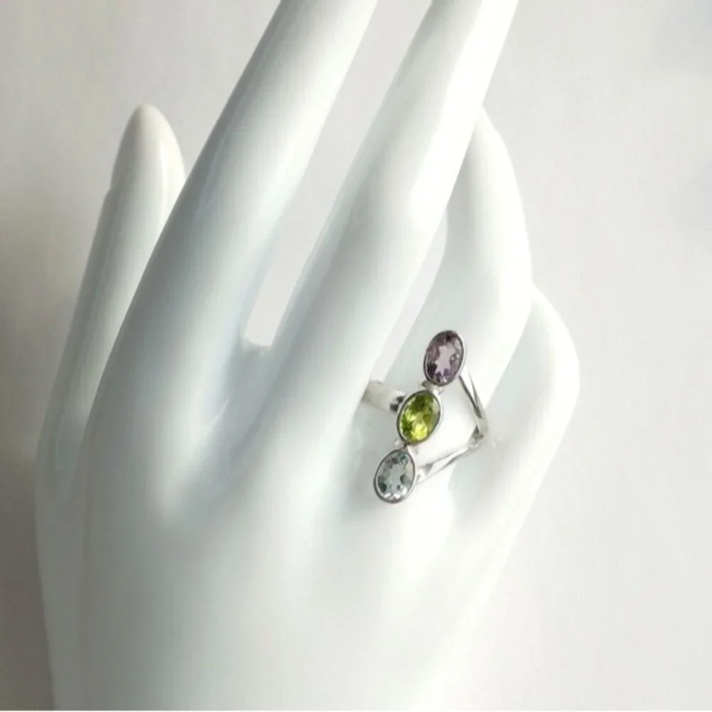 Modernist Sterling Silver Peridot Amethyst Topaz Gemstone Ring